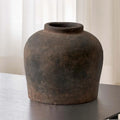Eleven-Inch Zen-Inspired Brown Ceramic Vase, Terra Cotta Style, Distressed Farmhouse Decorative Pottery for Home