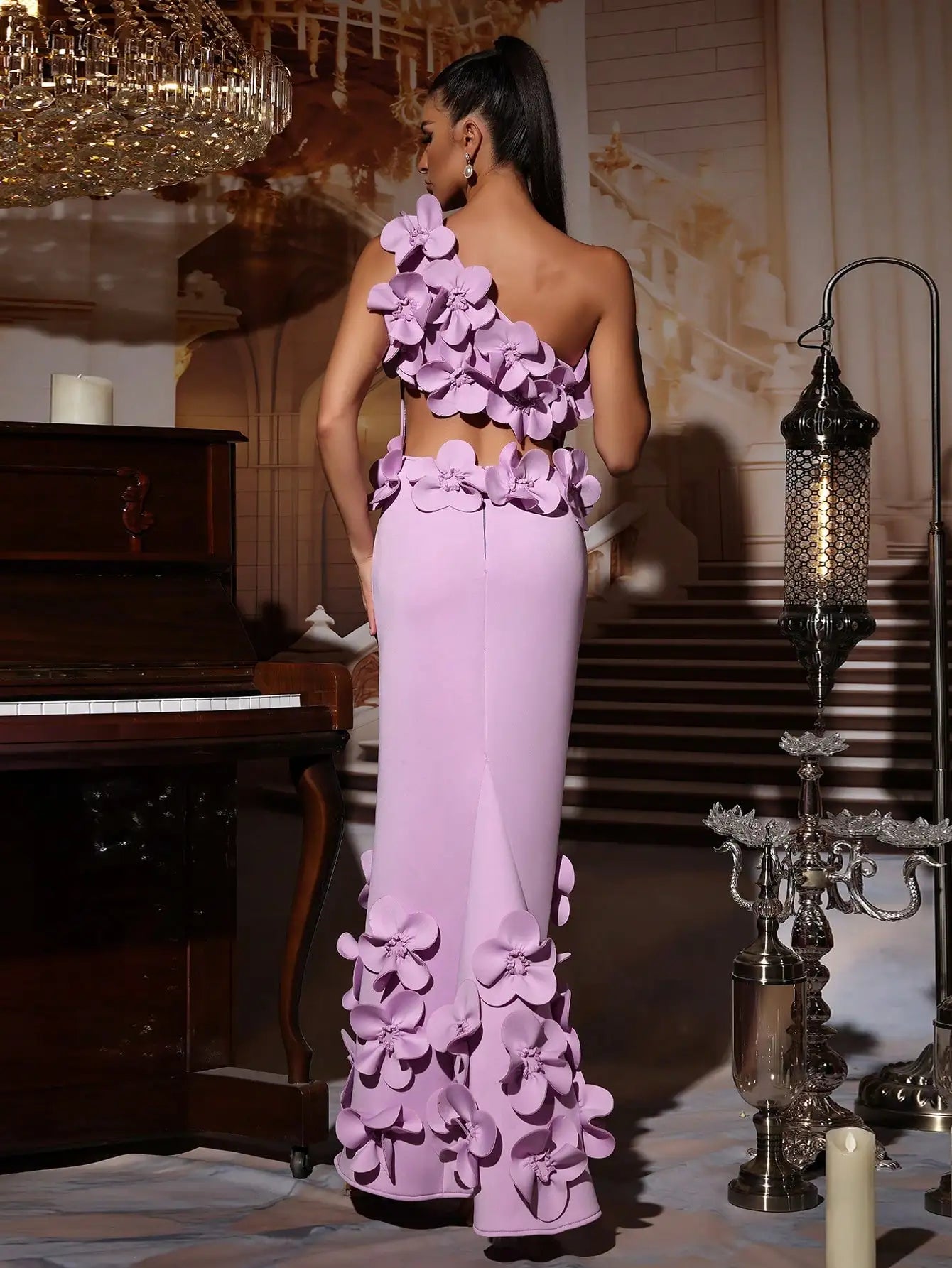 Elegant 3D Floral One-Shoulder Fitted Evening Dress for Wedding Guest Party Formal Occasion