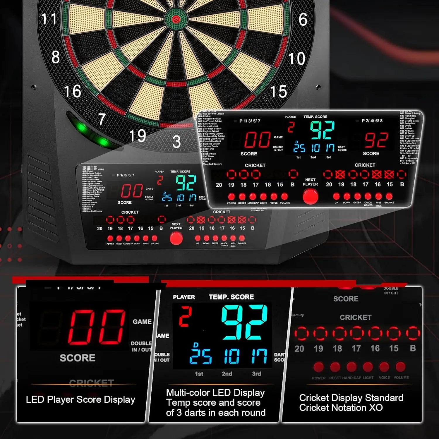 Electronic Dartboard, Electric Soft Tip Boards for Adults with Heckler and Lights Effects, Digital Boards with 6 Darts, 100
