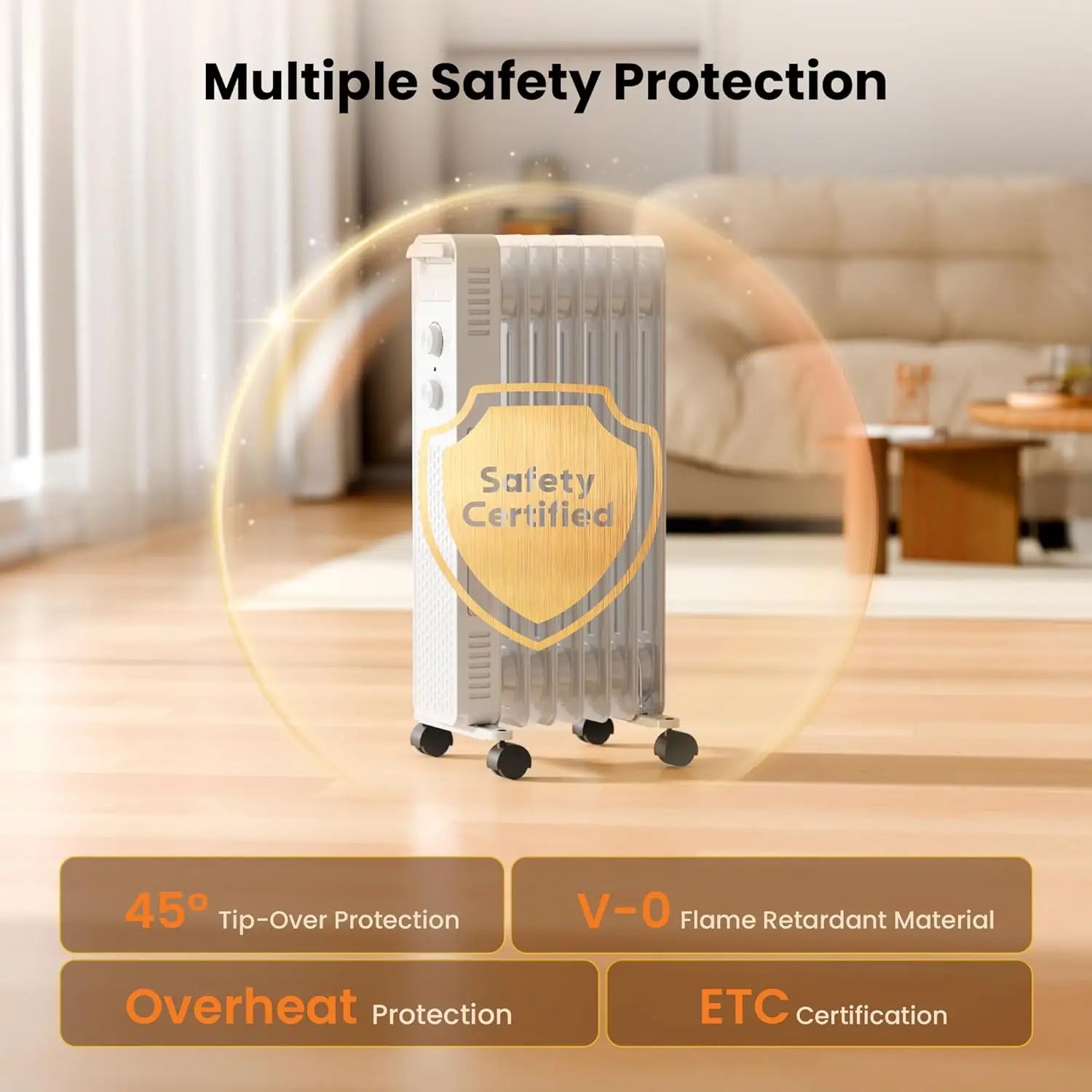 Portable Electric Radiator Heater, Space Oil Filled Heaters with 3 Heat Settings, Adjustable Thermostat, Overheat & Tip