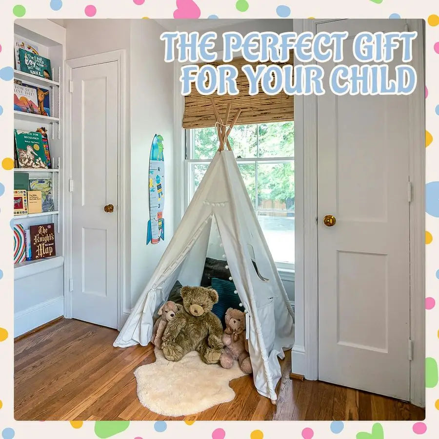 PCS Teepee Tent for Kids,Washable Tapered Kids Teepee Tent,Bohemian Teepee Tents,White Collapsible Sleepover Tents,for Boys and