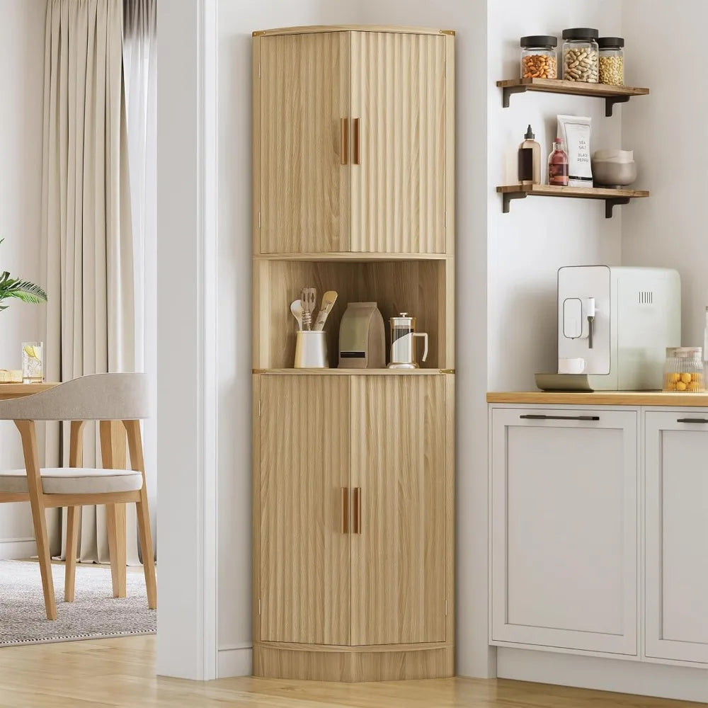 Maupvit 68 Tall Corner Storage Cabinet with 4 Doors and 5 Shelves, Modern Fluted Storage Cabinets, Corner Pantry Hutch Cupboard