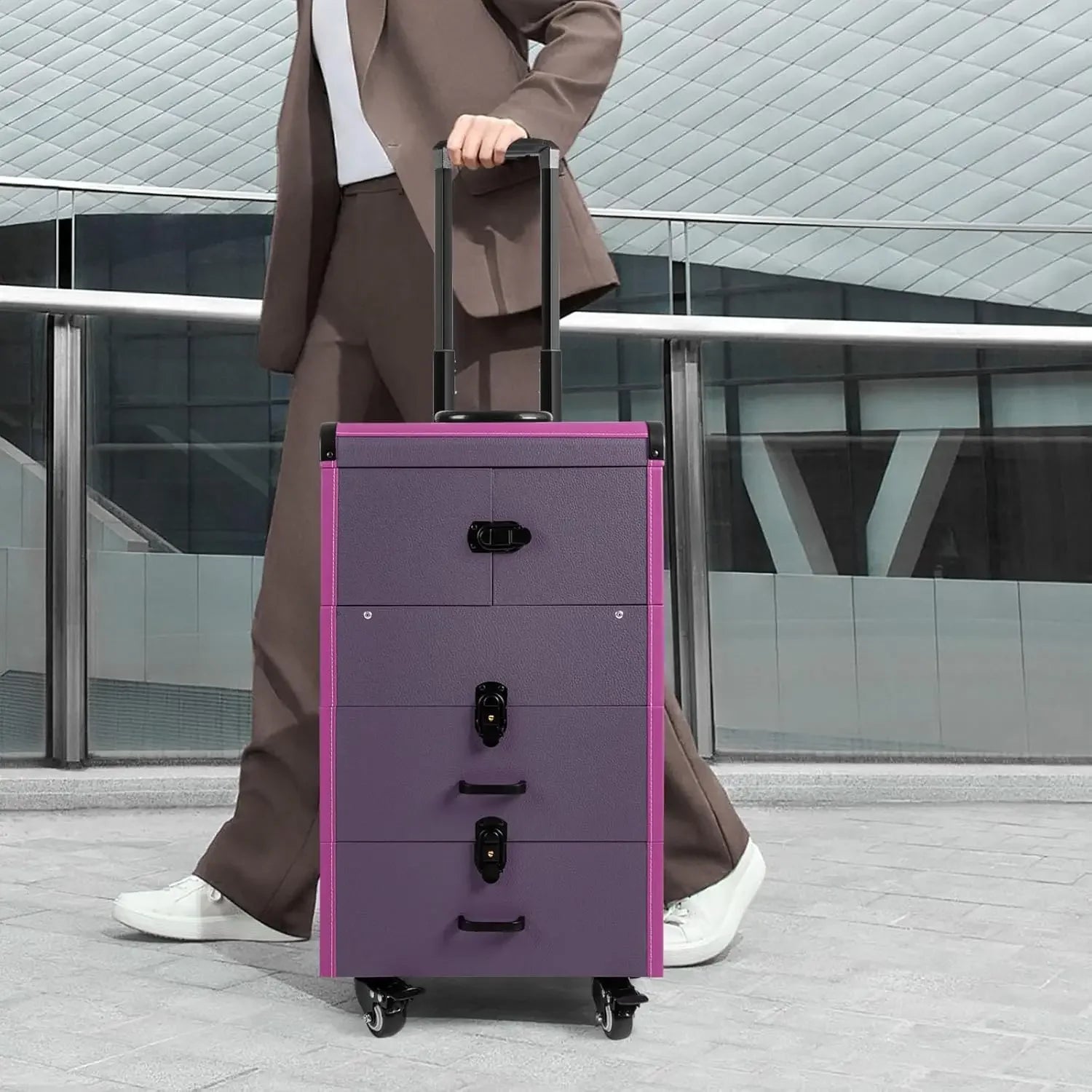 Rolling Makeup Train Case, Makeup Train Case, Large Capacity, Easy To Carry, Rolling Design with Retractable Trays and Drawers