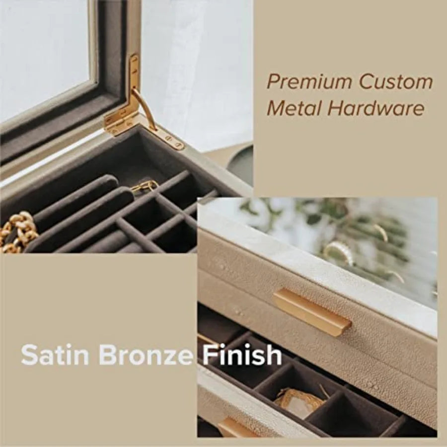 Large 3 Tier Jewelry Box Storage Case Organizer for Women Girls Wife Glass Lid for Earrings Bracelets Rings Necklaces Shagreen