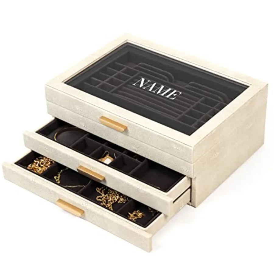 Monogrammed Large 3 Tier Jewelry Box Storage Case Organizer for Women Glass Lid for Earrings Bracelets Rings Necklaces Shagreen