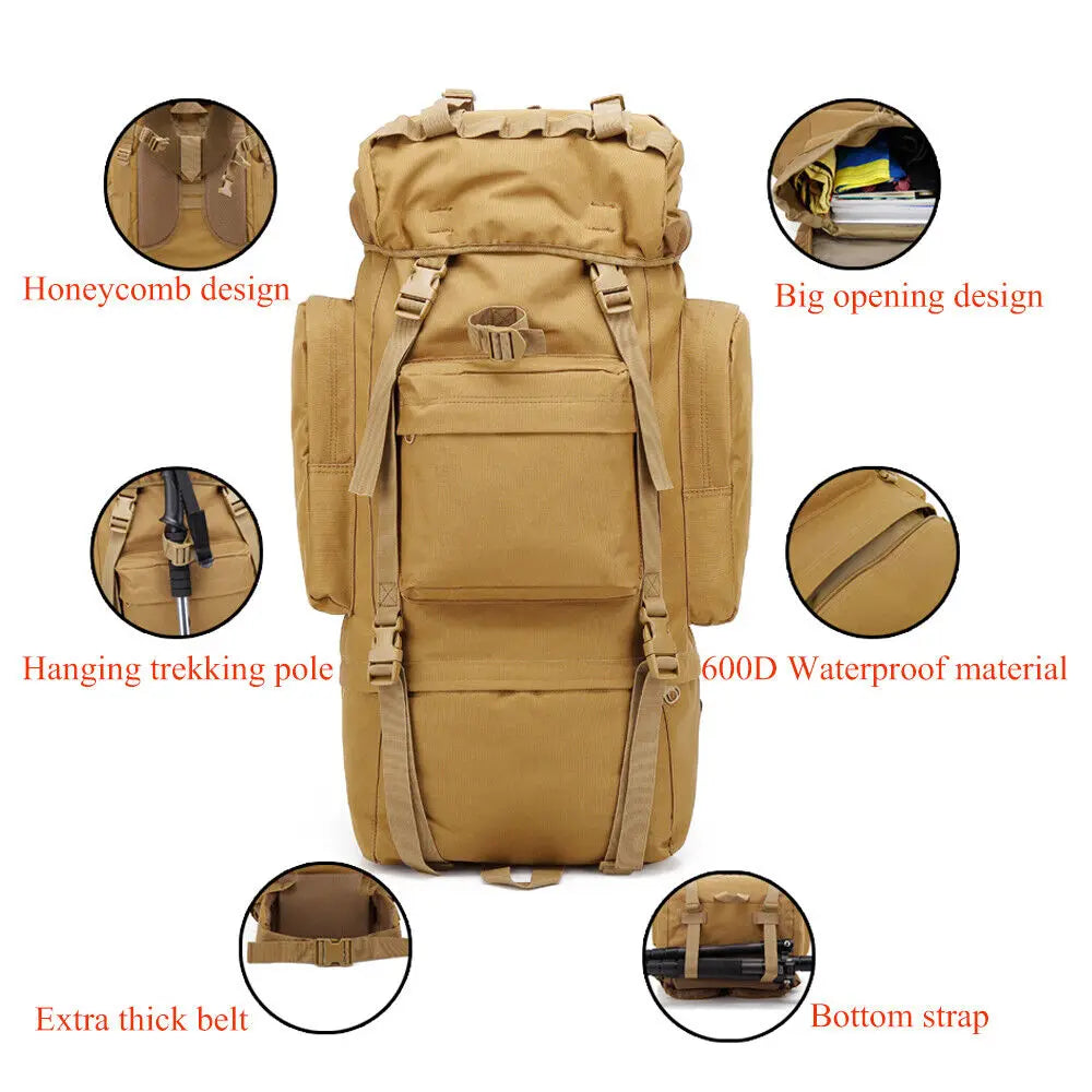 65L Tactical Backpack Rucksack Camping Traveling Climbing Bag for Outdoor Sport Waterproof Nylon Backpacks Hunting Bags