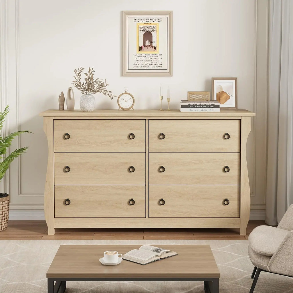 47 in Wide Chest of Drawer Modern Wood 6 Drawer Dresser with Black Ring Pull Handles Storage Organizer for Living Room Bedroom