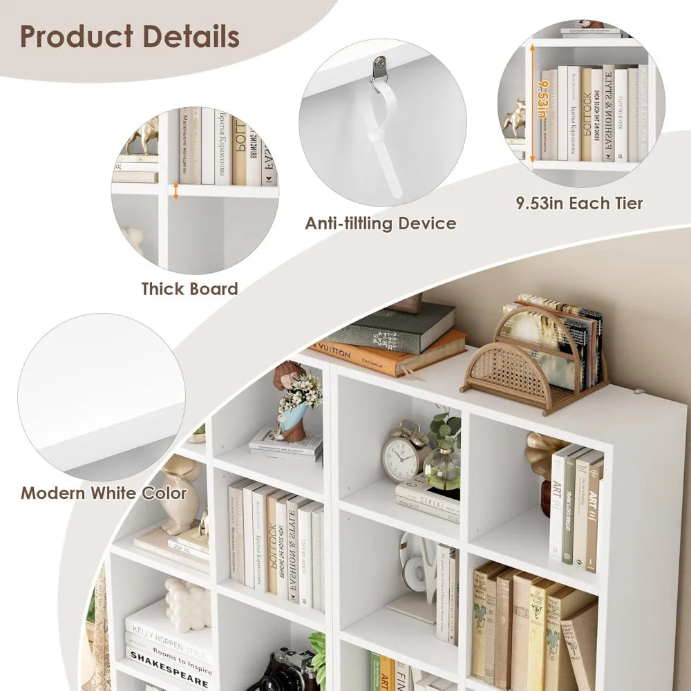 FOTOSOK 71'' White Bookshelf, Double Wide Media Tower Rack CD DVD Rack Display Cabinet with Adjustable Shelves, Tall Narrow Book