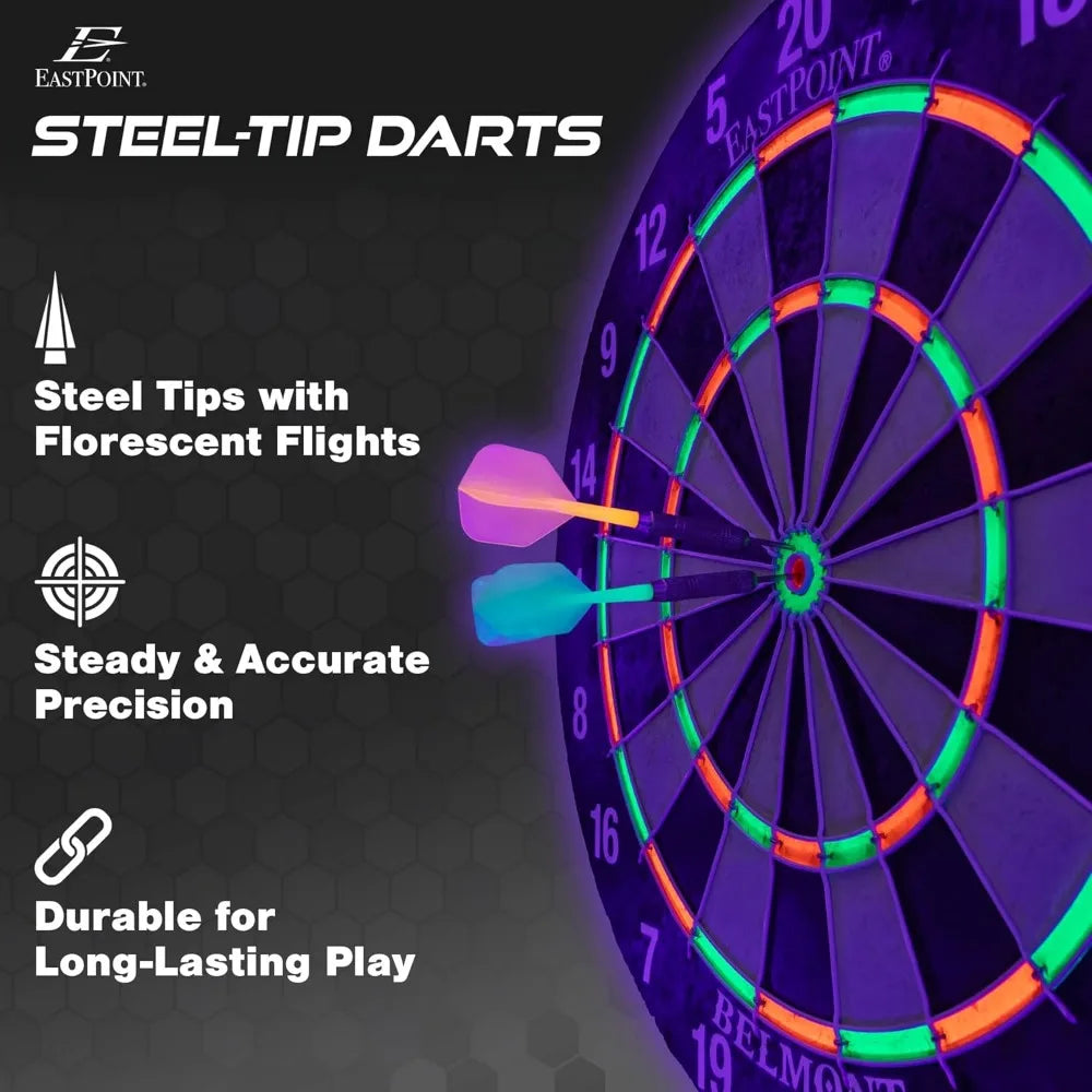EastPoint Blacklight Dartboard - Official Size Bristle Dartboard with Glowing Segments and Dart Flights