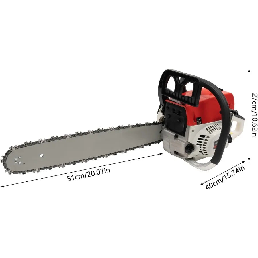 20 Inch Gas Powered Chainsaw 52CC for Farm Garden Ranch Wood Cutting with 2KW Cordless Handheld Chain Saw Set in Black
