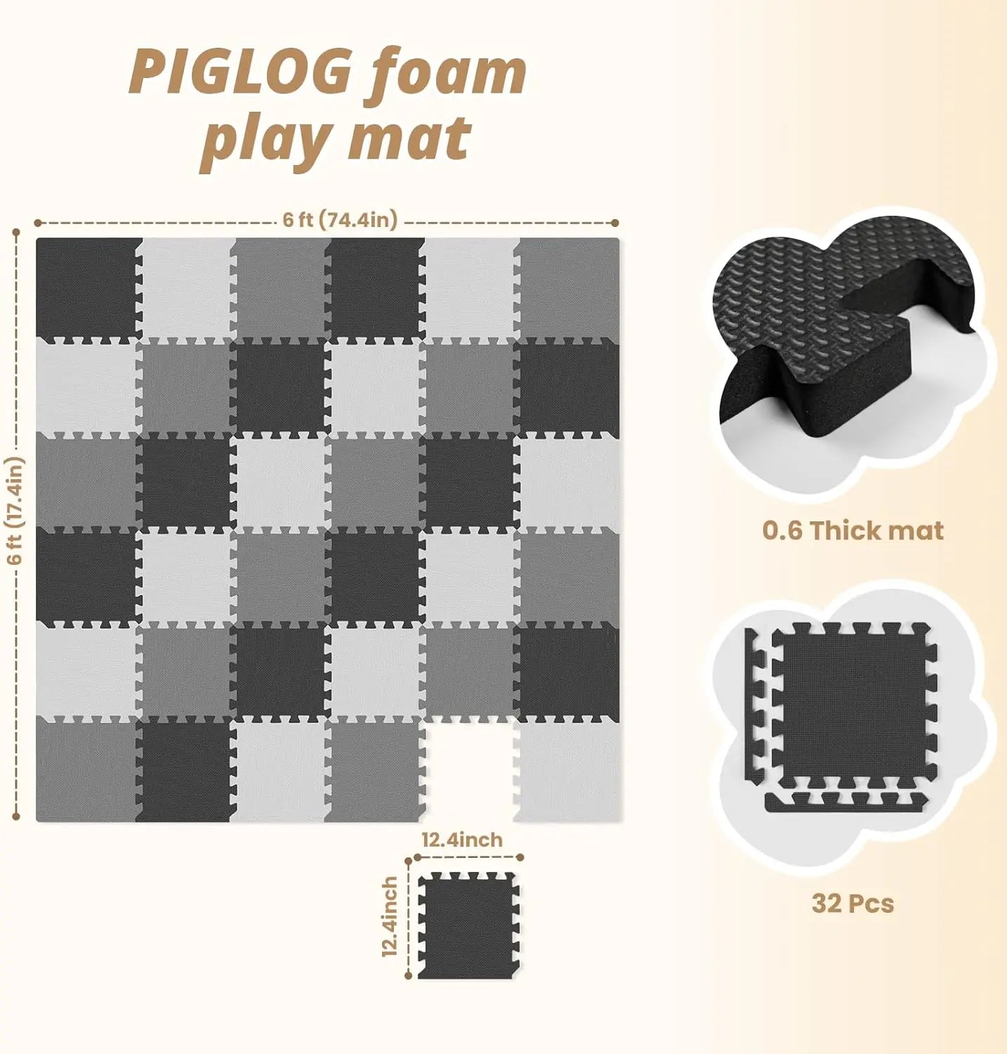 36Pcs Interlocking Foam Play Mat for Babies & Toddlers, Safe Floor Tiles for Crawling and Playroom, Grey White Black