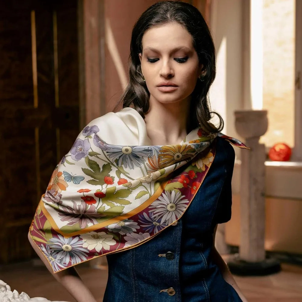 100% Silk Italian Square Scarves - 35 Elegant Designs, Handcrafted in Italy, Women's Fashion Accessories