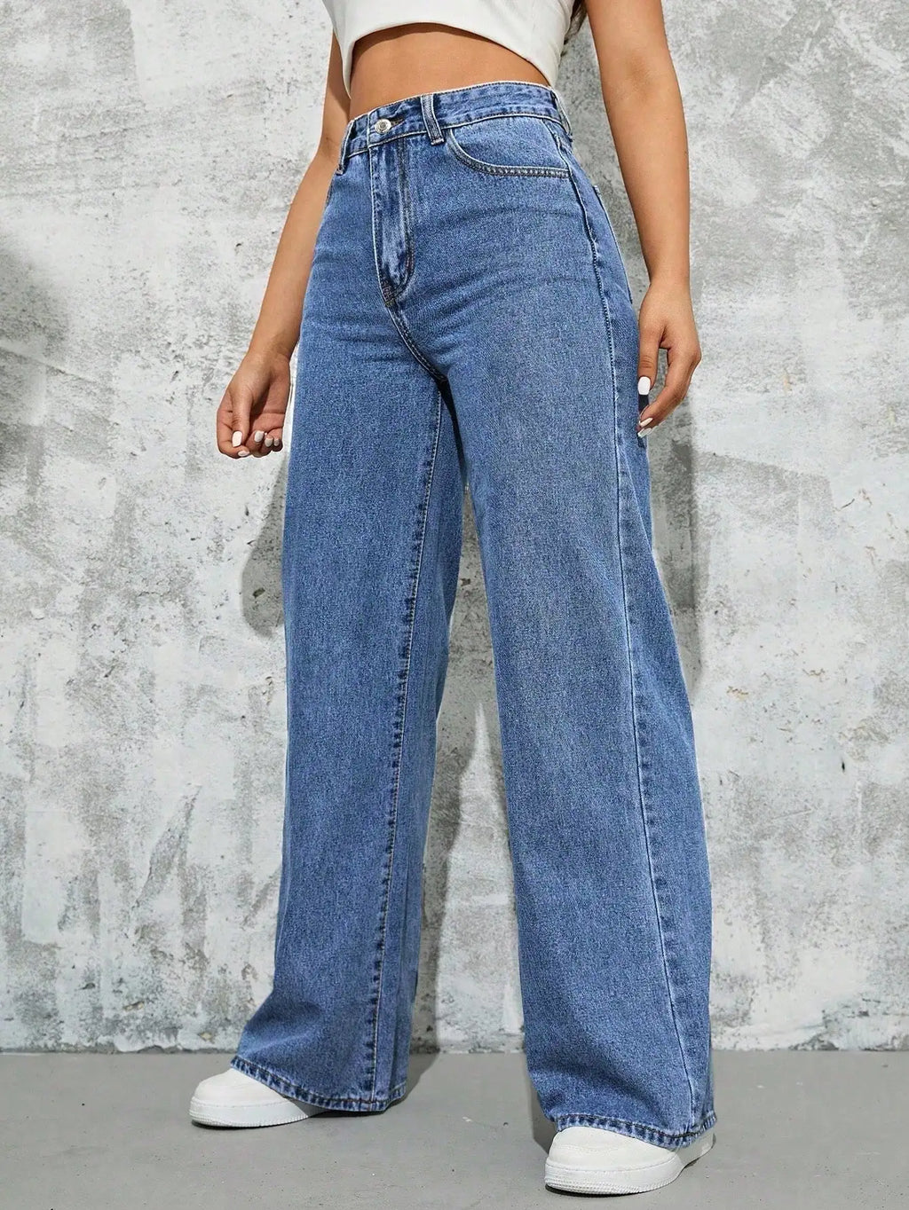 Women's High Waist Wide Leg Denim Jeans with Pockets, Casual Streetwear Style