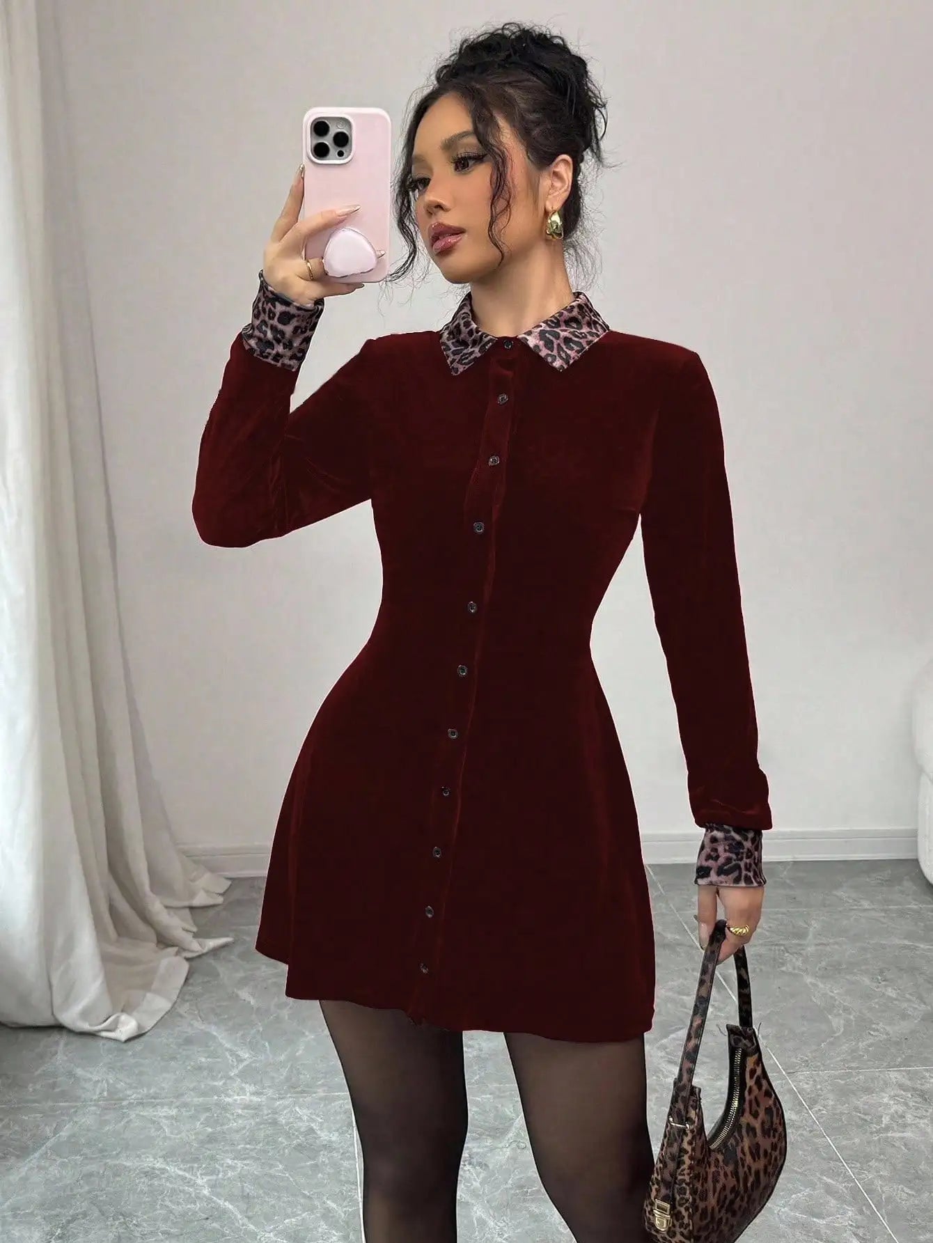 Selianne Leopard Velvet Black Elegant Romantic Minimalist Loose Fit Dress For Women Fall Cloth For Women