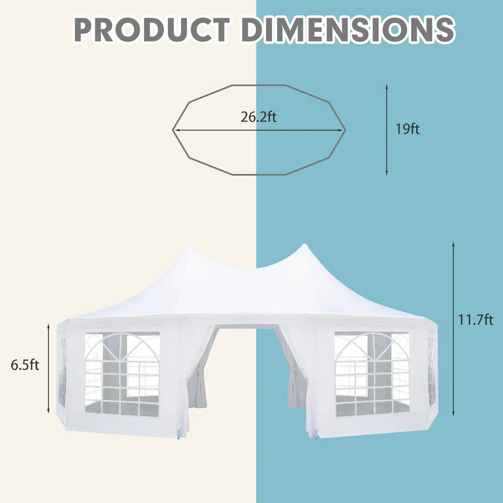 26x19ft Party Tent, White Wedding Tent, Decagonal Heavy Duty Canopy with 8 Removable Sidewalls, 8 Church Windows