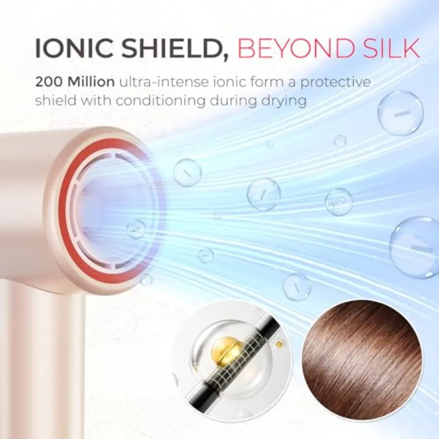 Compact 200 Million Ionic Hair Dryer with Comb and Diffuser for Curly Hair Fast Dry Pink Portable Blow Dryer 110 000RPM 4 Temps