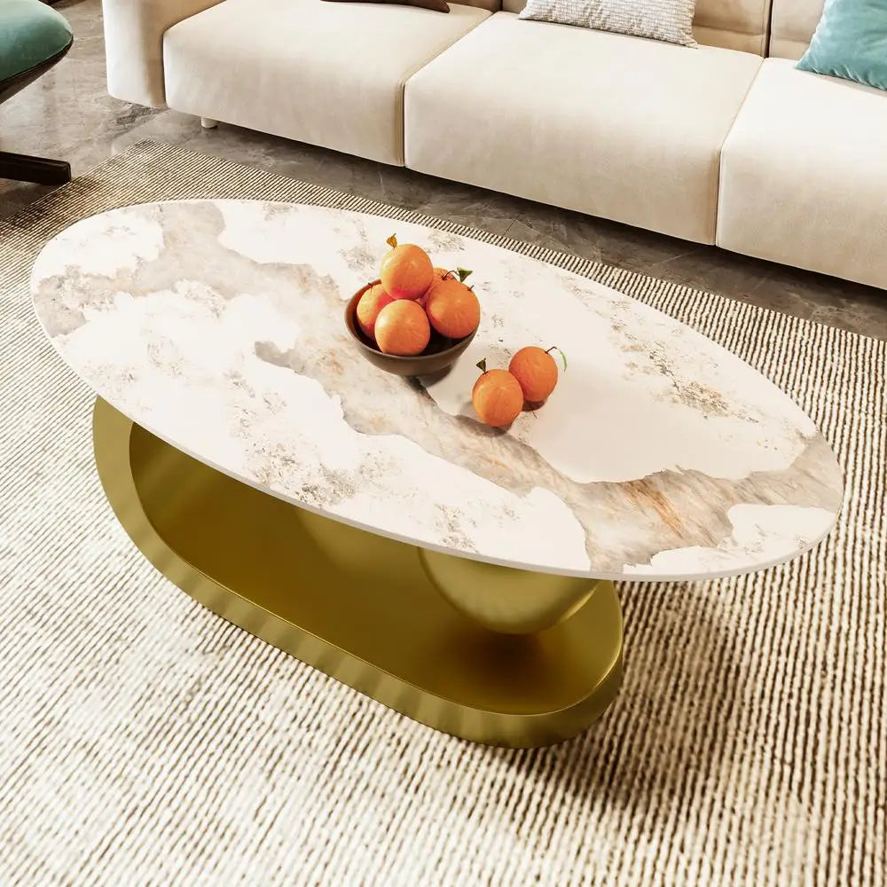 Modern Oval Sintered Stone Coffee Table White Marble Pattern with Gold Stainless Steel Base 47.2 Inch Living Room Furniture