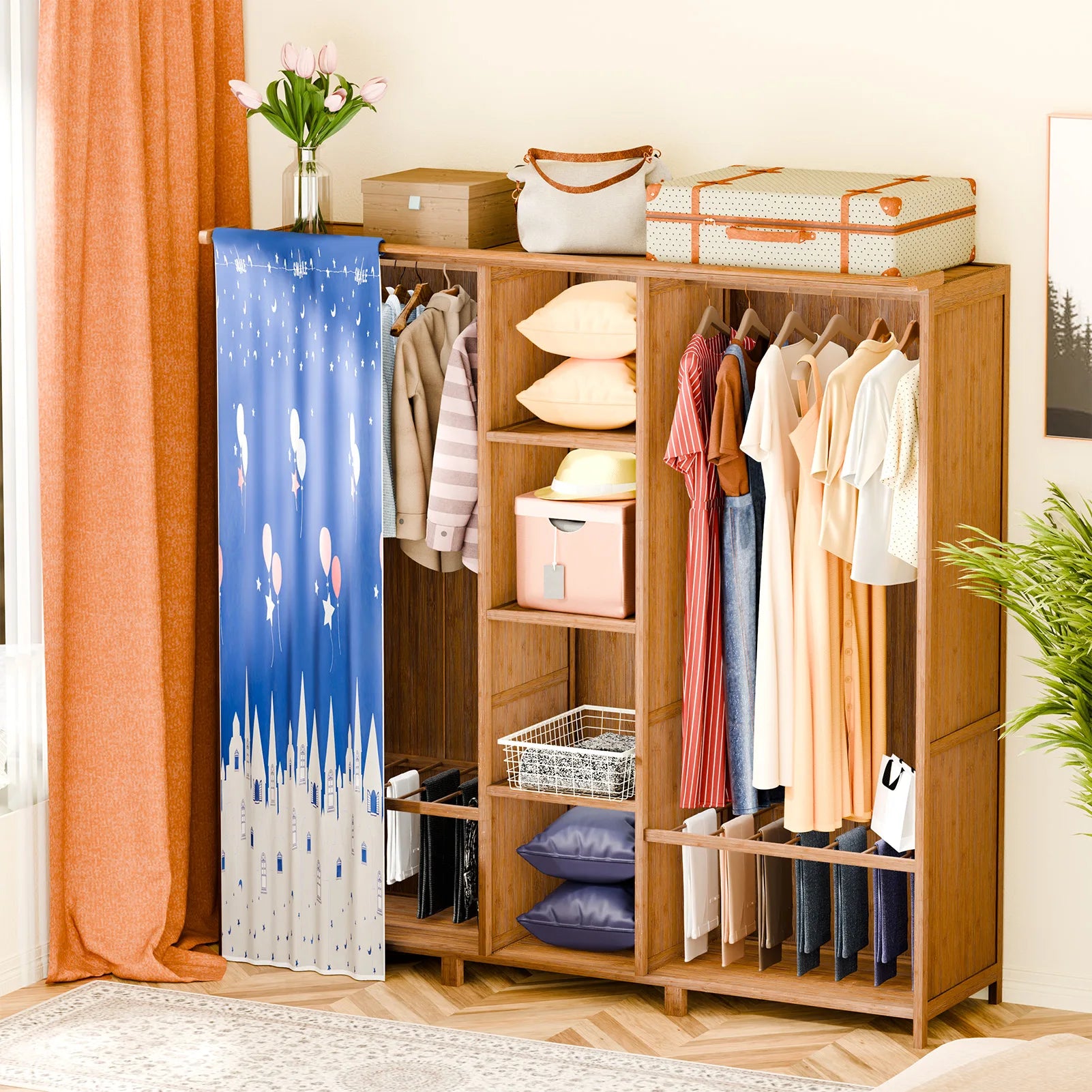 Freestanding Closet Organizer, Heavy Duty Garment Rack with 2 Hanging Rods, 6 Opening Shelves and Blue Curtain, Wardrobe Closet
