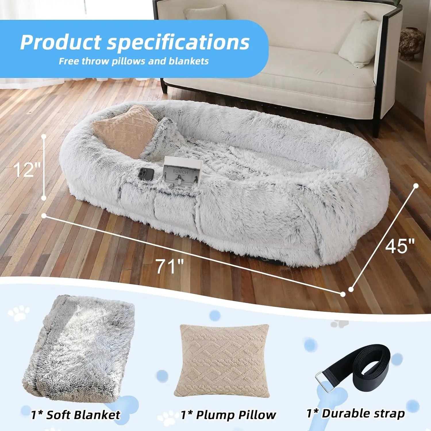 71x45x12 Inch Washable Faux Fur Pet and Human Bed with Pillow, Blanket, and Strap in Grey