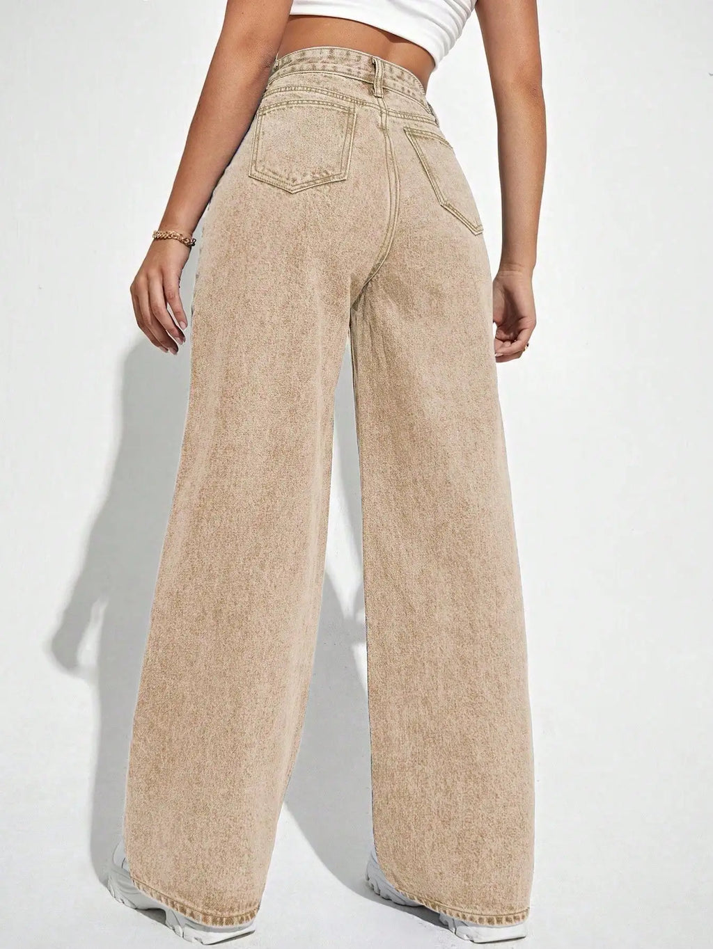 High Waist Wide Leg Jeans for Women, Beige Denim Trousers with Relaxed Fit and Casual Style