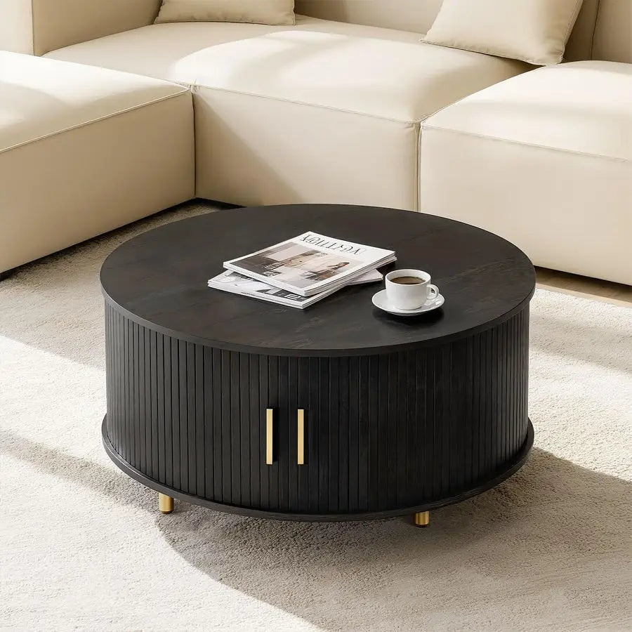 Round Coffee Table, 31.5 Mid Century Modern Coffee Table with 360 Sliding Tambour Door, Fluted Accent Coffee Table with Storage
