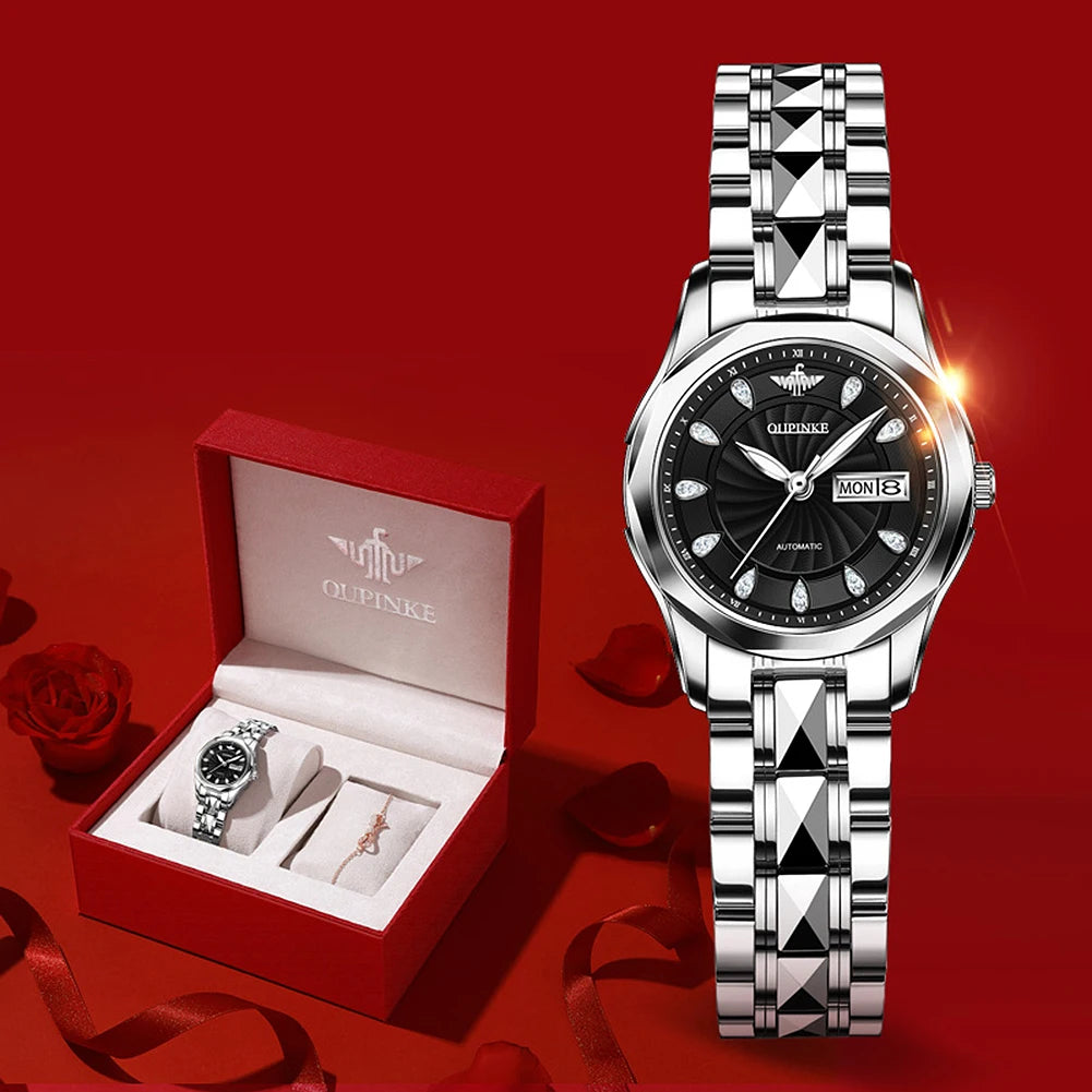 OUPINKE 3172 Mechanical Ladies' Watch Diamond Dial Auto Calendar Sapphire Mirror Imported Japan Automatic Movement  Set