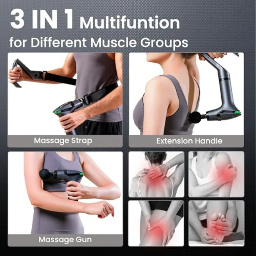 3-in-1 Massage Gun Deep Tissue with Muscle Massager Belt and Extended Handle Handheld Percussion Device for Muscle Neck Back Pa