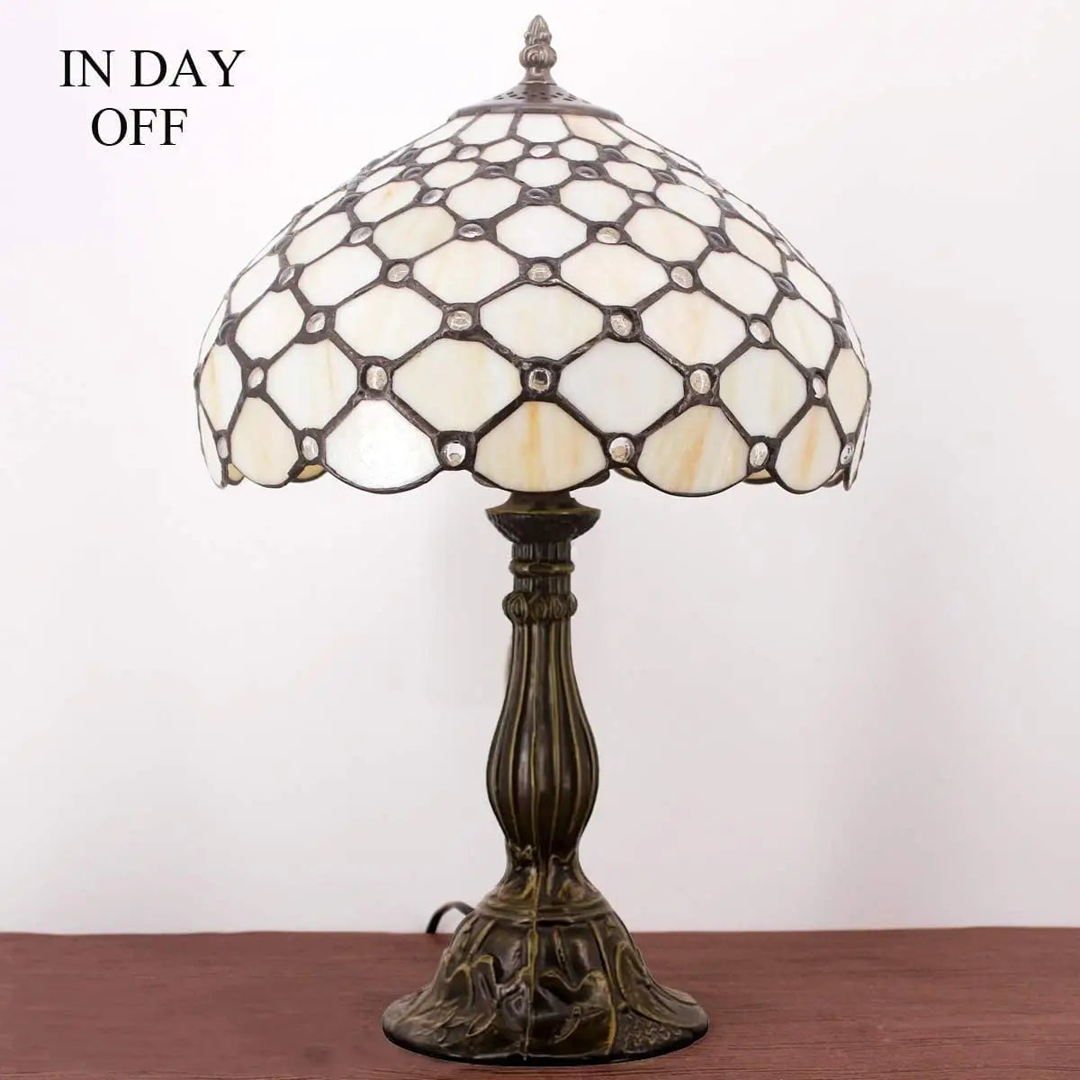 Tiffany Style Table Lamp with Stained Glass Beads, Cream Amber Shade for Bedroom Desk Reading Light 12x12x18 Inches