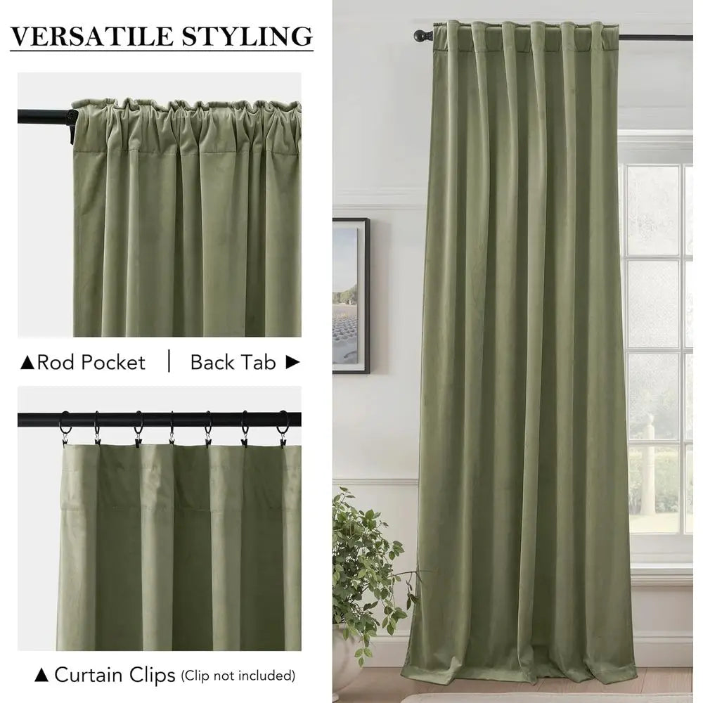Elegant Sage Green Velvet Curtains, 52x108, Light-Blocking Panels for Living/Guest Rooms, Spring Decor