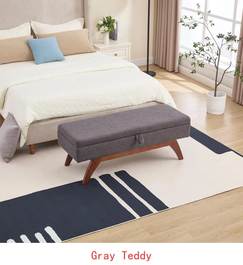 Teddy Wool Fabric Bed End Stool with Storage and Solid Wood Feet