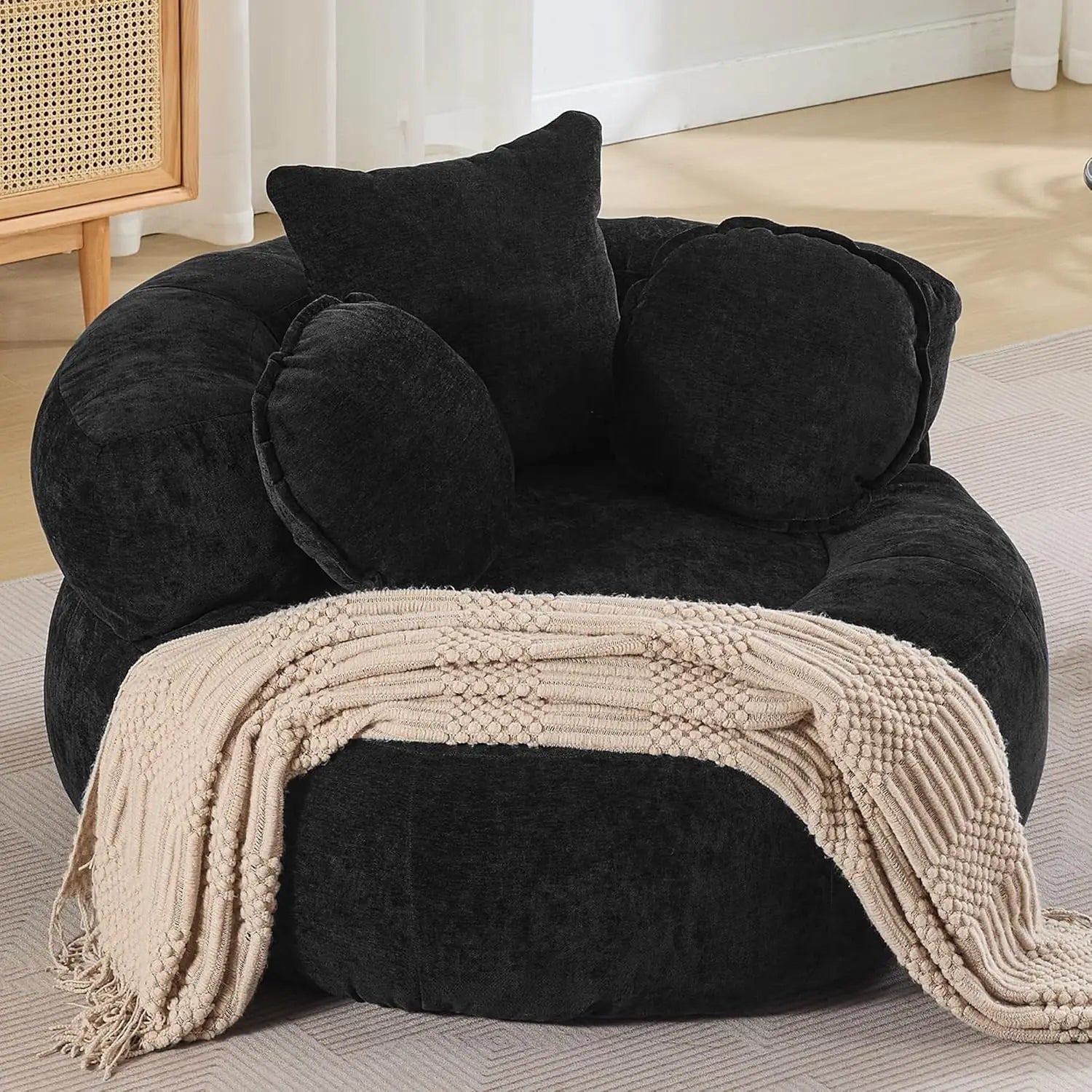 Oversized Chair Floor Sofa Chair, Chenille Compressed Circle Chaise Lounge, No Assembly Boneless Barrel Chair, Lazy Bean B