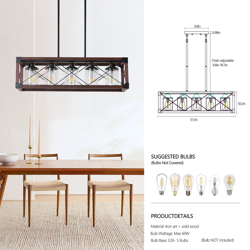 31“Industrial Farmhouse Rectangle Pendant Light - Wood & Iron Metal Frame,Glass lampshade，5-Light E26 Bulb Chandelier (No Bulbs)