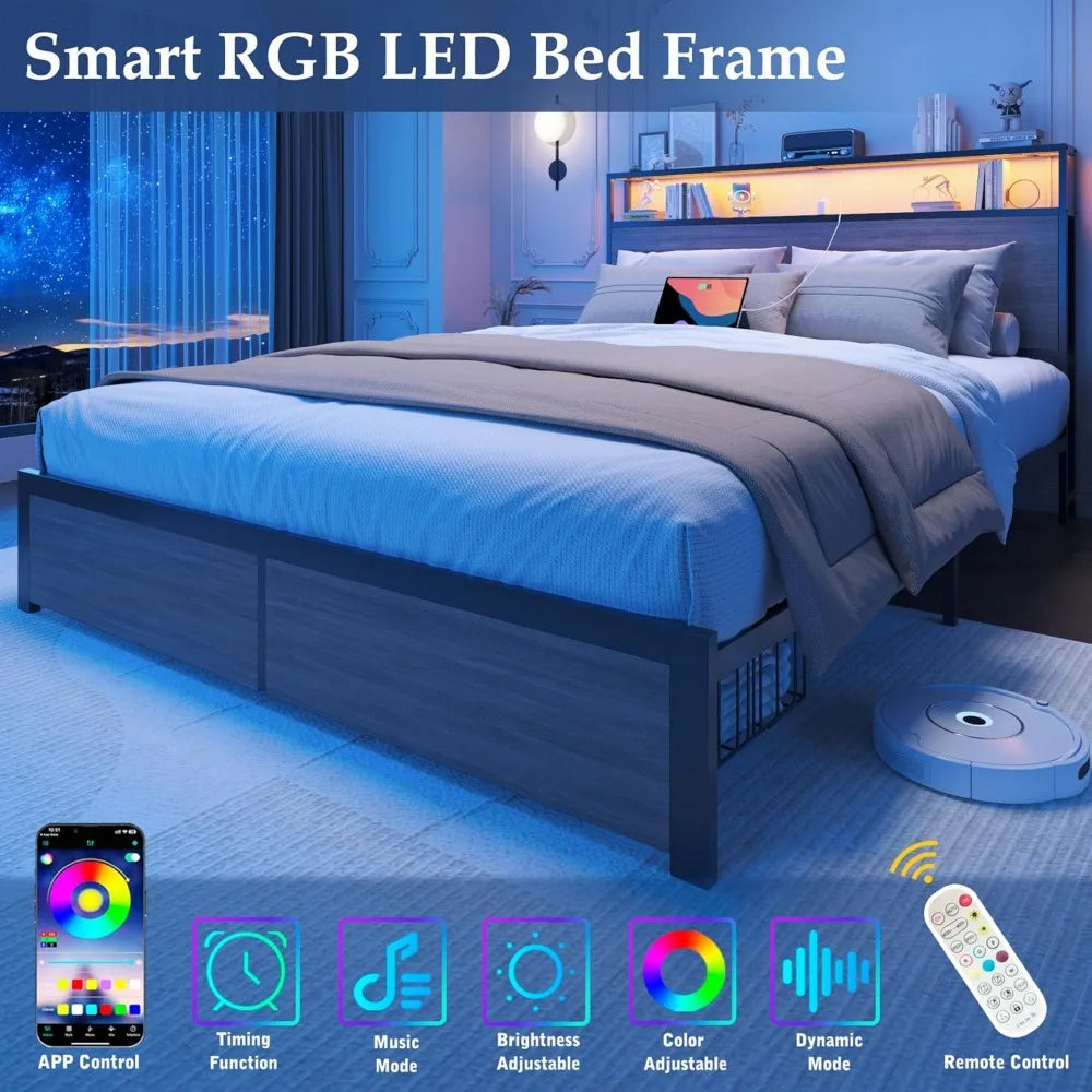 Queen Bed Frame with 2-Tier Storage Headboard, Metal Bed Frame with Storage Drawers & Built-in Charging Station & LED