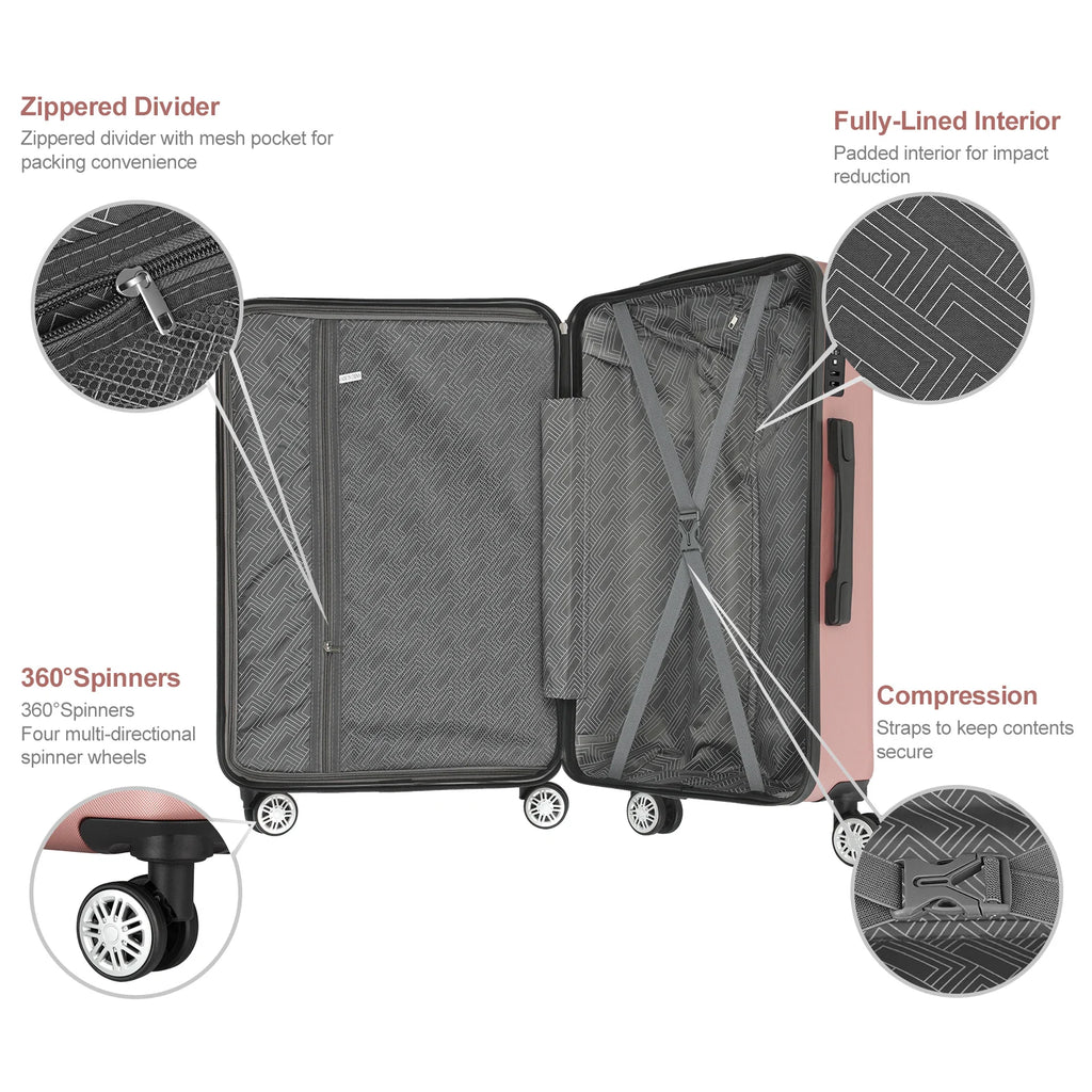 3-PC Champagne ABS Luggage Set w/Ergo Handle & Smooth-Zipper, 360° Spinner Wheels Trolley Cases - Lightweight Travel Suitcases
