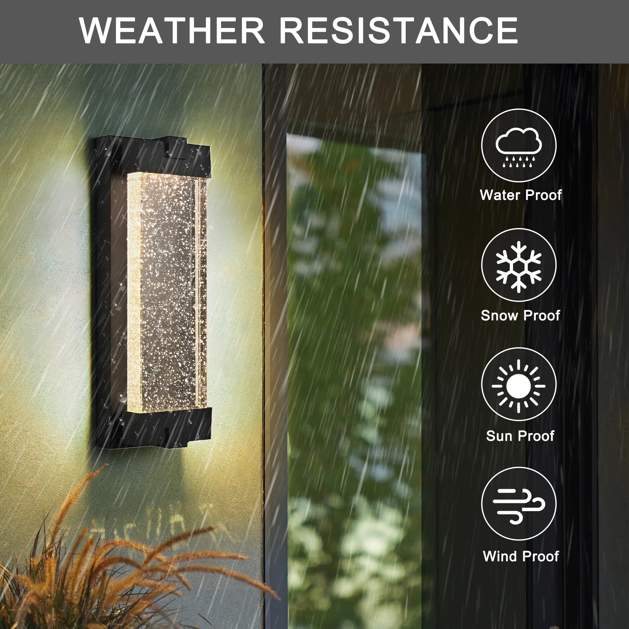 Black Large Aluminum Finish Outdoor Wall Light with Bubble Crystal Glass, LED Light Source, 3000K Warm Light, Weatherproof
