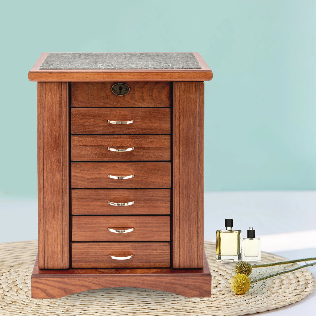 7 Layers Large MDF Jewelry Box,White/Walnut Rectangular Jewelry Box Free-standing for Jewelry Storage