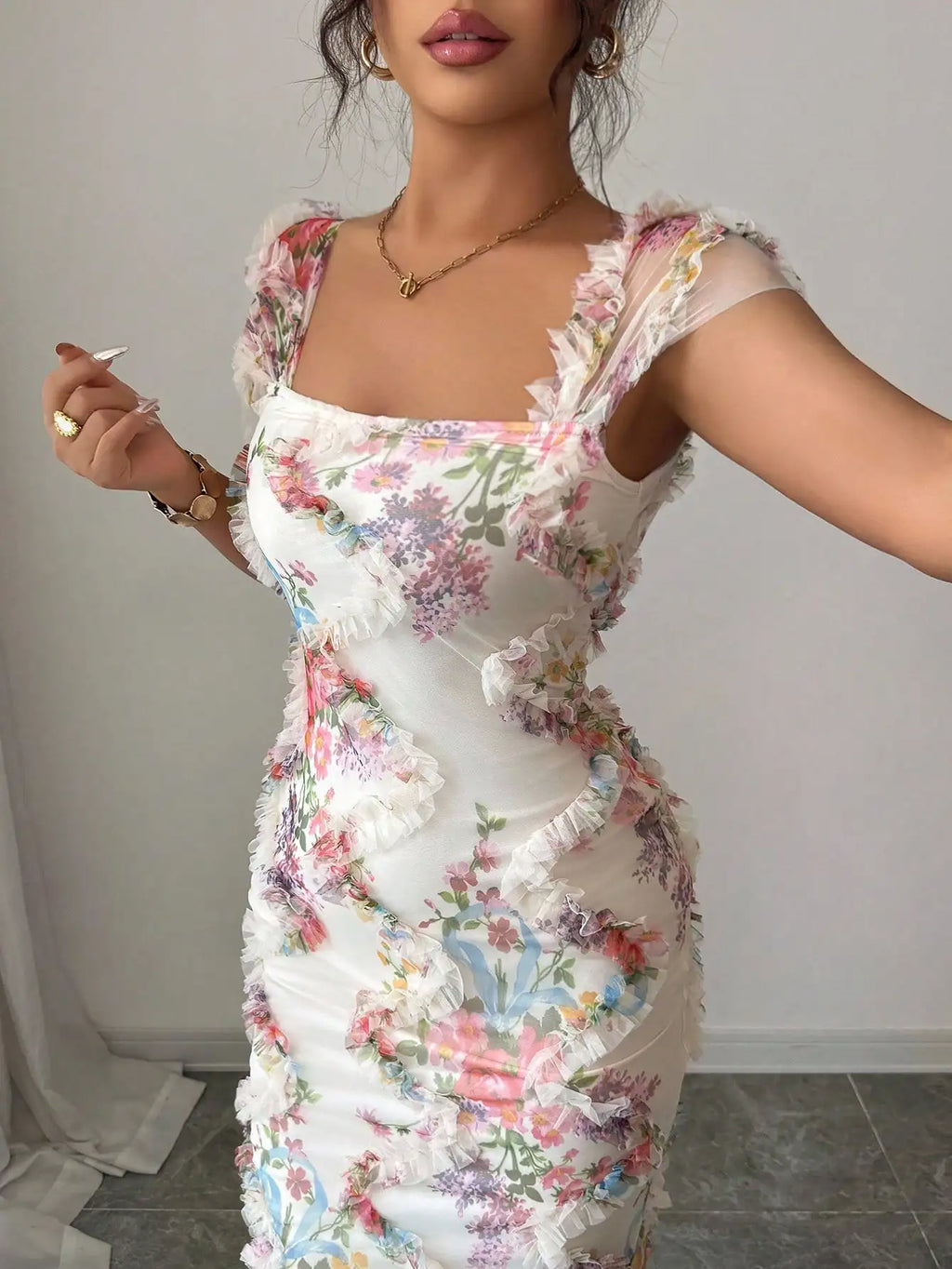Elegant Floral Print Ruched Waist Midi Dress with Ruffles and Square Neck