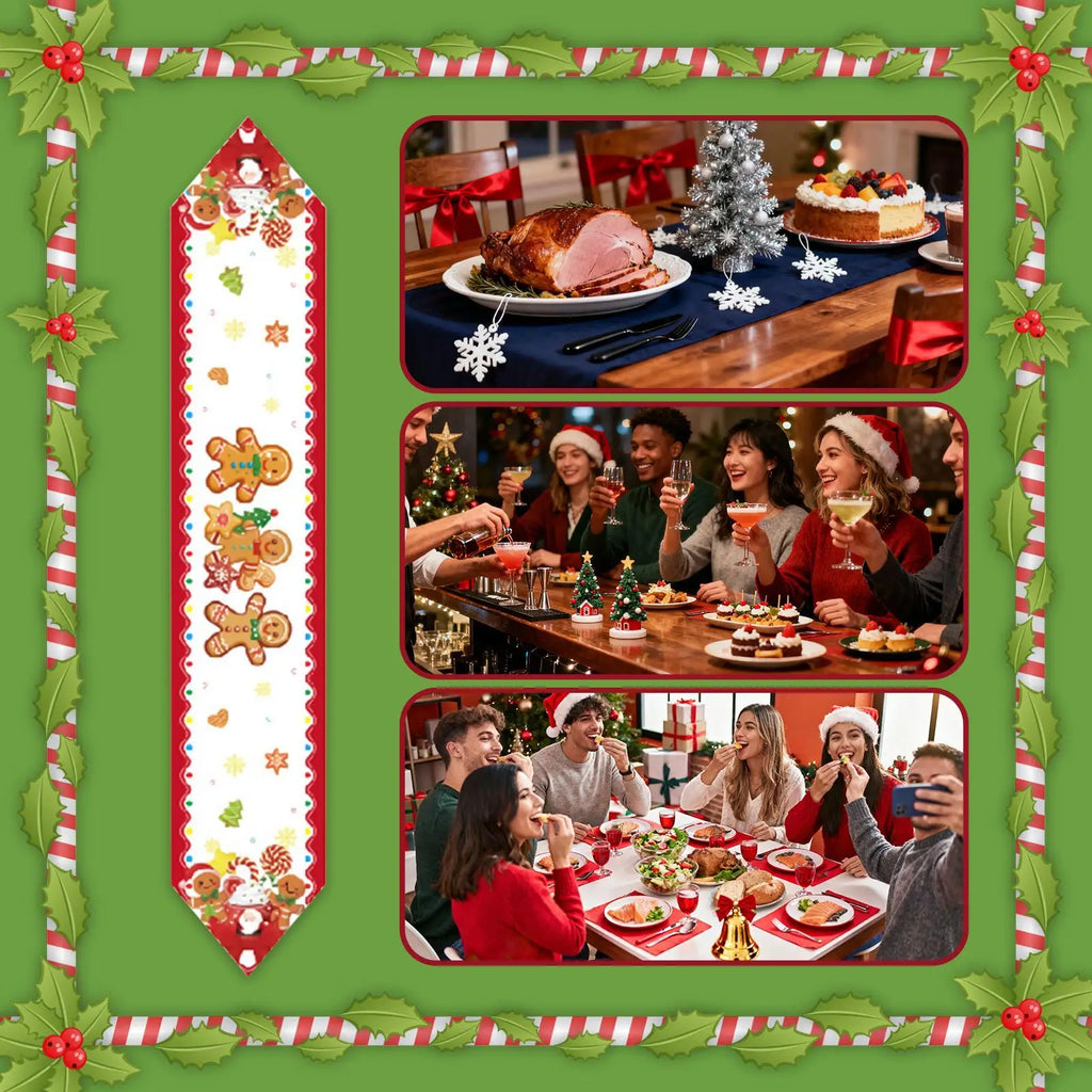 Christmas Table Runner 72 Inch Linen Tablecloth Gingerbread Man Santa Claus Winter Table Runner For Winter Party Decorations