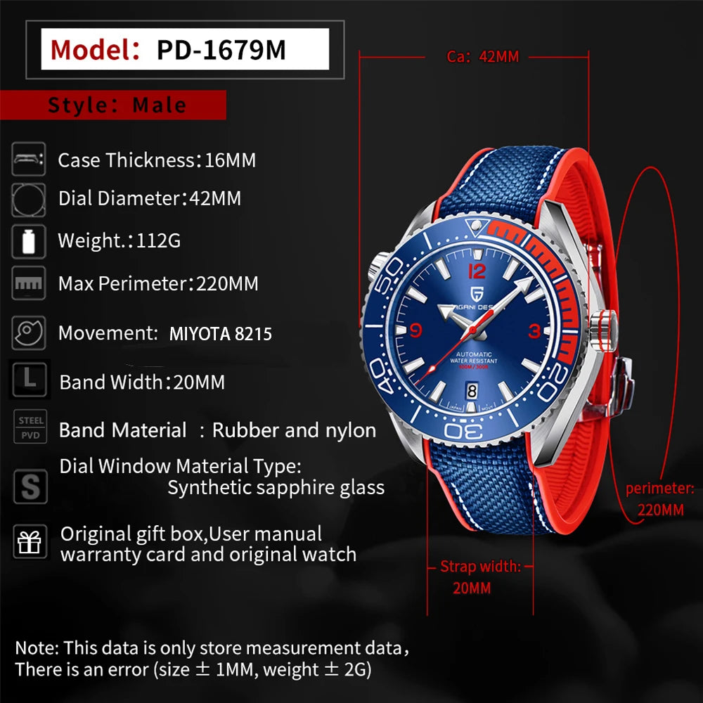 PAGANI DESIGN Sports Rubber Diving Watch Series Luxury Mechanical Automatic Watch Luminous Sapphire Top BrandWatch Reloj hombres