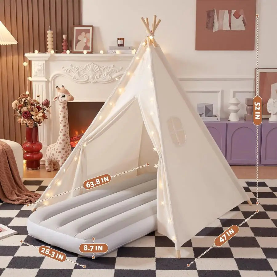 2 Pack Teepee Tent for Kids with Inflatable Airbed, Indoor Play Tent Foldable for Boys Girls Party Sleepover Slumber Gifts Toy