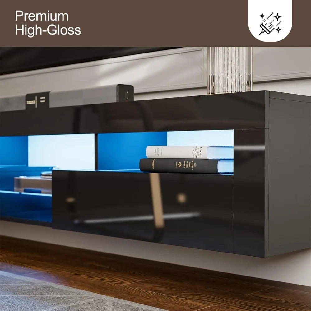 Floating TV Stand for 85 Inch TV, Wall Mounted with Cabinets, Black High Glossy Entertainment Center for Living Room