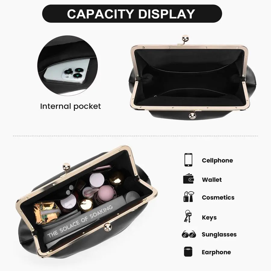 Womens Kiss Lock Bag PU Medium Top Handle Handbags Kiss Clasp Shoulder Bags Tote Purse Messenger Clutch