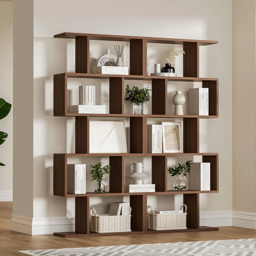 5-Tier Geometric Bookcase, S-Shaped Modern Bookshelf Set of 2, 62.6 Tall Room Divider Book Shelf, Decorative Display Shelf
