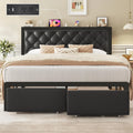 Queen Bed Frame with 2 Drawers, Button Tufted Headboard, Charging Station, Metal Frame, No Box Spring Needed, Black