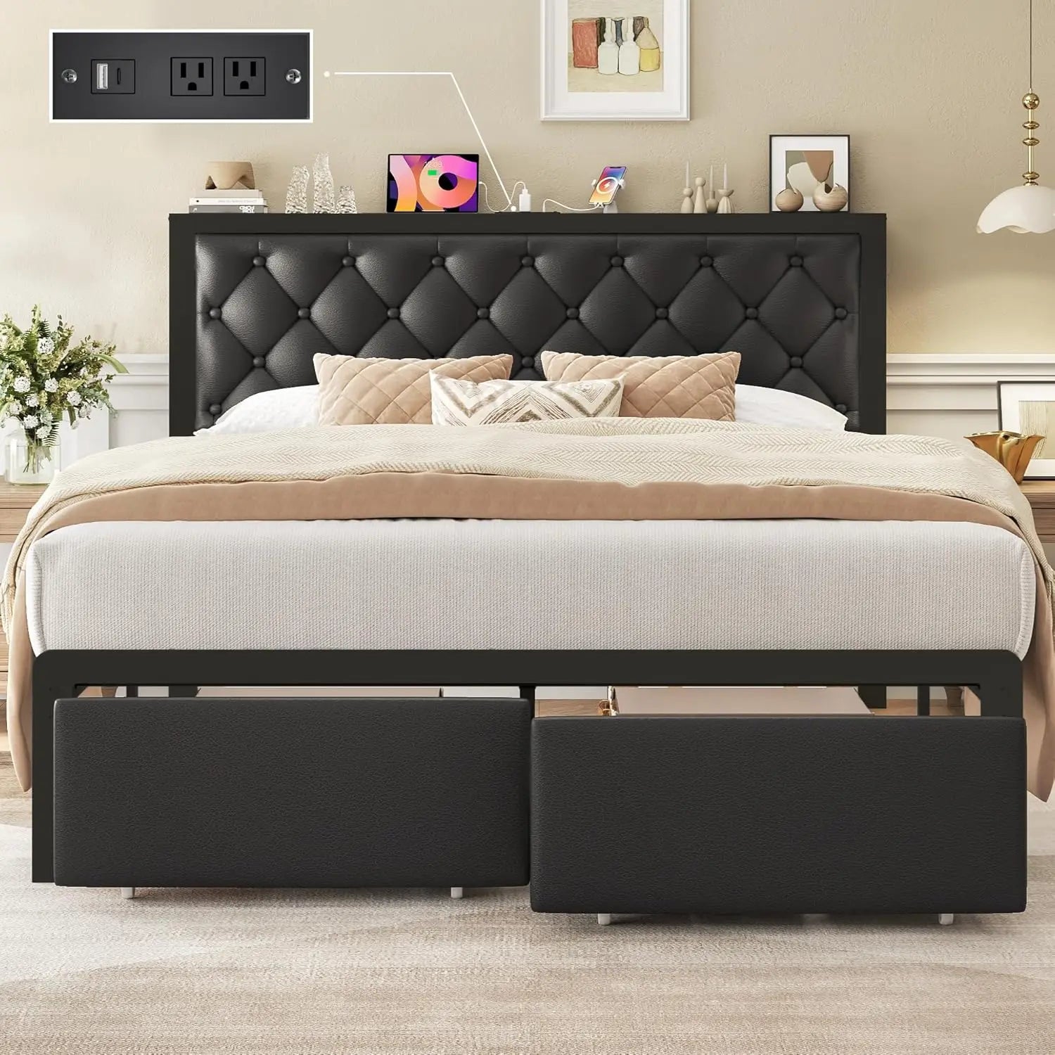 Queen Bed Frame with 2 Drawers, Button Tufted Headboard, Charging Station, Metal Frame, No Box Spring Needed, Black