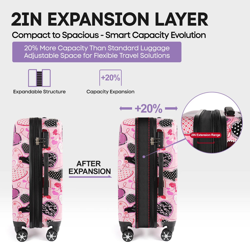 3 Piece Luggage Set Hardshell Expandable Suitcase with Spinner Wheels &TSA Lock Print Lightweight Travel Suitcase Set-20"/24"/28