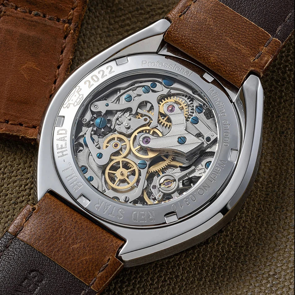 RED STAR Bull Head Chronograph Men Super Luminous 1963 ST1901 Movement 3D Bubble Mirror Pilot Mechanical Wrist Watches