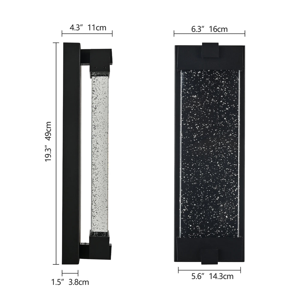 Black Large Aluminum Finish Outdoor Wall Light with Bubble Crystal Glass, LED Light Source, 3000K Warm Light, Weatherproof