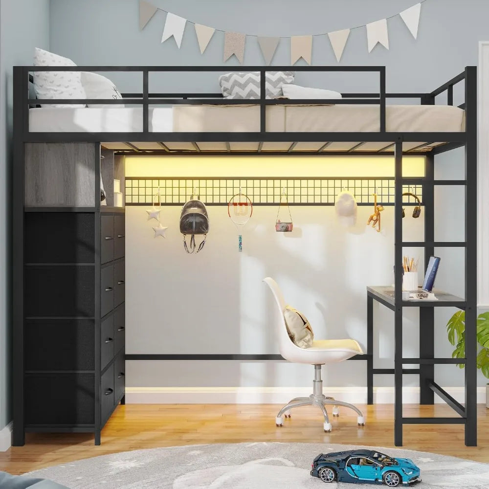 Twin Loft Bed with Desk & 8 Storage Drawers Tall Dresser, Black Metal Loft Bed with LED Lights & Charging Station, 2-Tier