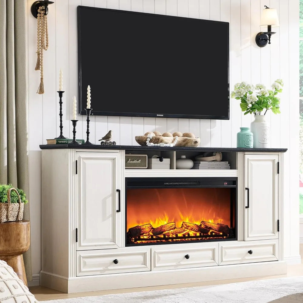 Fireplace TV Stand for 80 Inch TV, 35.7" Tall Farmhouse Entertainment Center W/36'' Electric Fireplace, Media Console with Large